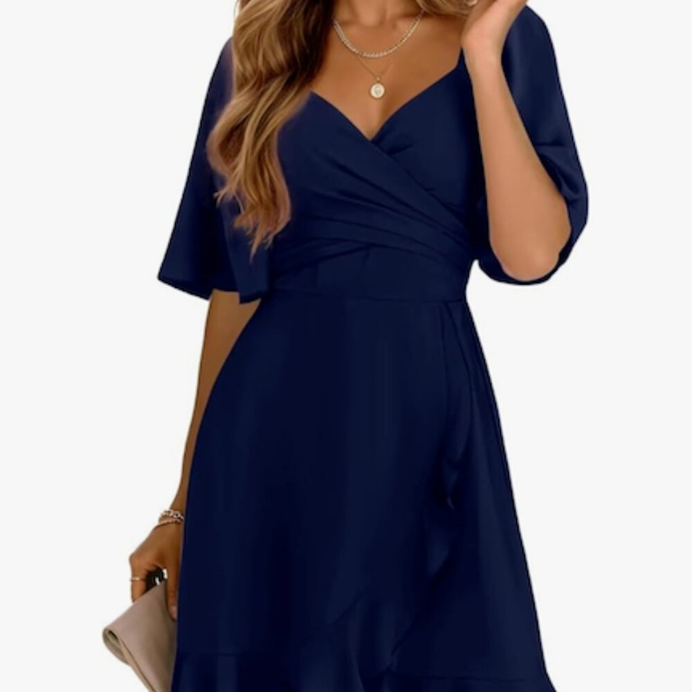 Dokotoo. Women wrap v-neck short dress. Flared sleeves. Navy Blue XL